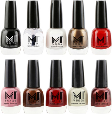 MI Fashion Daily Delight Nail Polish Combo in 10 Classy Shades Jet Black,Crystal Clear,Milky White,Metallic Coffee,Vampire Red,Nude Spring,Brown Coffee,Mighty Maroon,Mischievous Mint, Metallic Maroon(Pack of 10)