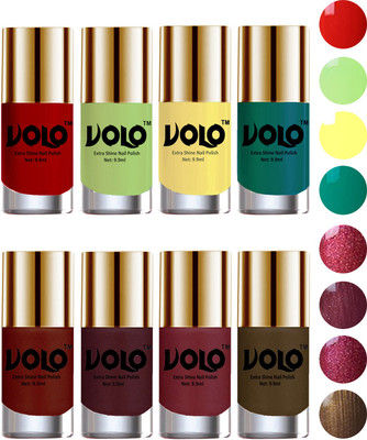 

Volo High-Shine Long Lasting Non Toxic Professional Nail Polish Set of 8 Reddish Orange, Parrot Green, Yellow, Radium Green, Lava Lust, Shimmer Coffee, Metallic Red, Gold, Metallic Coffee(Pack of 8)