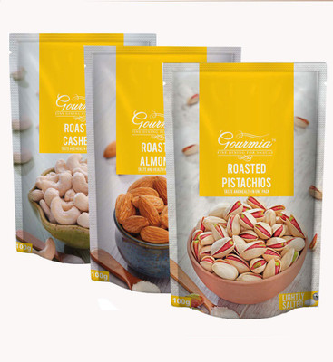 

Gourmia Lightly Salted Roasted Pistachios+ Lightly Salted Roasted Almonds+ Lightly Salted Roasted Cashews 100g(Pack of 3)(300 g, Box)
