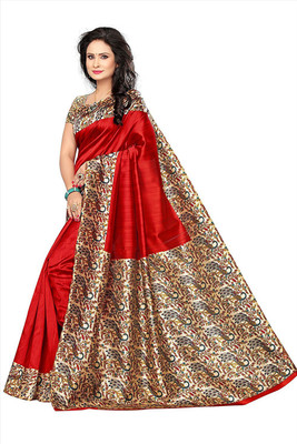 FABMORA Printed, Embellished, Solid/Plain Kalamkari Cotton Blend, Art Silk Saree(Red)