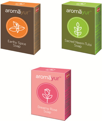 

Hem Aromayur Soaps Pack of 3 ( Earthy spice,Dreamy rose,Scared Neem tulsi(75 g, Pack of 3)
