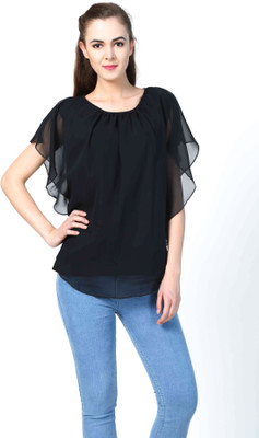 shaper Party Bell Sleeve Solid Women Black Top