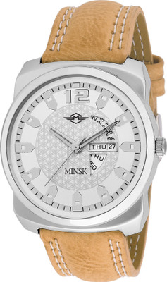 

MINSK MK7063 Bare Basic Stainless steel Day n Date functioning with leather strap Men's Watch - For Boys