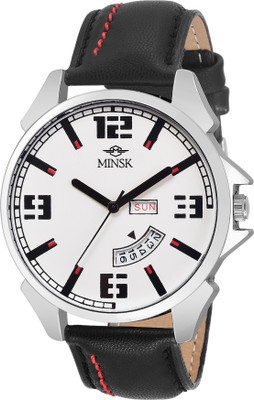 

MINSK MK7059 Bare Basic Stainless steel Day n Date functioning with leather strap Men's Watch - For Boys