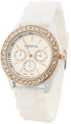 

FabSale White Silicone Strap Diamond Stuuded On case Watch For Couple Watch - For Girls