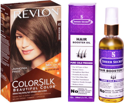 

Revlon MEDIUM BROWN 41 with SHEER SECRET COLD PRESSED HAIR BOOSTER OIL 100ML(Set of 2)