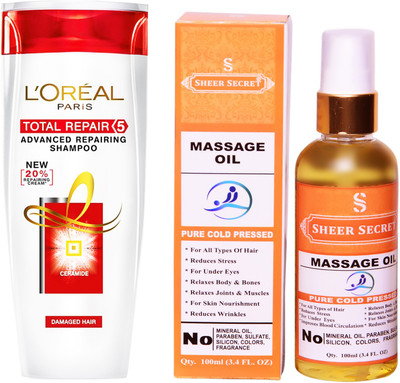 

L'Oreal TOTAL REPAIR 5 SHAMPOO 175ML with SHEER SECRET COLD PRESSED MASSAGE OIL 100ML(Set of 2)