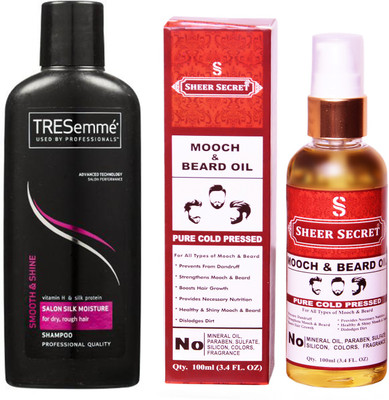 

TRESemme 190 ML SALON SILK MOISTURE SHAMPOO with SHEER SECRET COLD PRESSED MOOCH AND BEARD OIL 100ML(Set of 2)