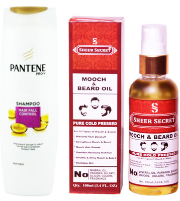 

PANTENE 180 ML HAIR FALL CONTROL SHAMPOO with SHEER SECRET COLD PRESSED MOOCH AND BEARD OIL 100ML(Set of 2)