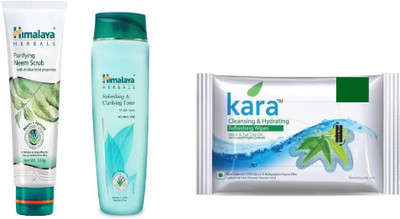 

Himalaya Purifying Neem Scrub, Refreshing & Clarifying Toner, kara skin care wipes(Set of 3)