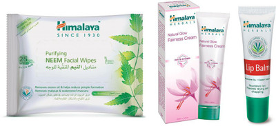 

Himalaya Purifying Neem Facial Wipes, Natural Glow Fairness Cream, Lip Balm(Set of 3)