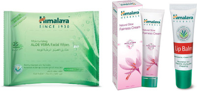 

Himalaya Aloe Vera Facial Wipes, Natural Glow Fairness Cream, Lip Balm(Set of 3)