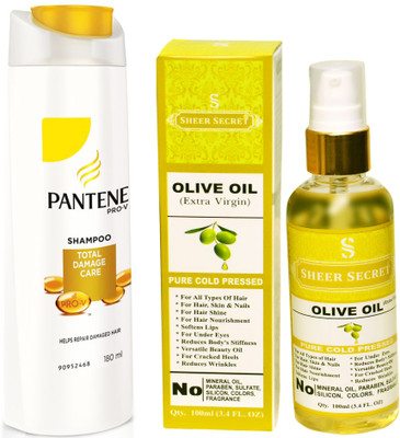 PANTENE 180 ML TOTAL DAMAGE CARE SHAMPOO with SHEER SECRET COLD PRESSED OLIVE OIL 100ML(Set of 2)