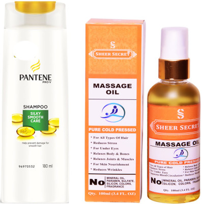 

PANTENE 180 ML SILKY SMOOTH CARE SHAMPOO with SHEER SECRET COLD PRESSED MASSAGE OIL 100ML(Set of 2)