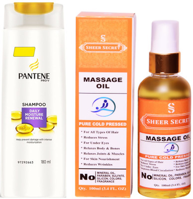 

PANTENE 180 ML DAILY MOISTURE RENEWAL SHAMPOO with SHEER SECRET COLD PRESSED MASSAGE OIL 100ML(Set of 2)