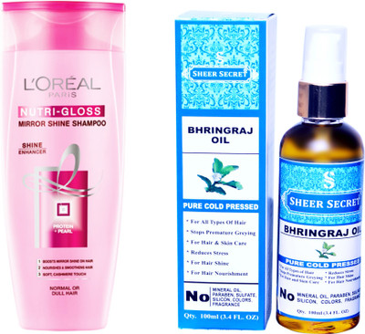 

L'Oreal NUTRI GLOSS SHAMPOO 175ML with SHEER SECRET COLD PRESSED BHRINGRAJ OIL 100ML(Set of 2)