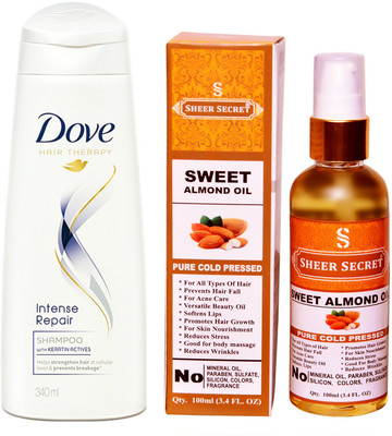 

Dove 180 ML INTENSE REPAIR SHAMPOO with SHEER SECRET COLD PRESSED SWEET ALMOND OIL 100ML(Set of 2)