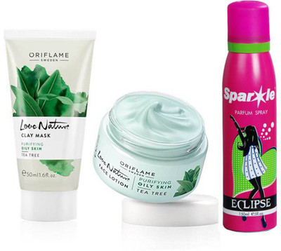 

Oriflame Sweden Love Nature Tea Tree Clay mask 50 Ml, Face Lotion 50 Ml With One Sparkle Perfume Spray 150 Ml(Set of 3)
