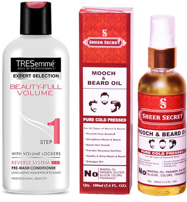 

TRESemme 190 ML BEAUTIFULL VOLUME CONDITIONER with SHEER SECRET COLD PRESSED MOOCH AND BEARD OIL 100ML(Set of 2)