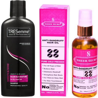 

TRESemme 190 ML SALON SILK MOISTURE SHAMPOO with SHEER SECRET COLD PRESSED ANTI DANDRUFF OIL 100ML(Set of 2)