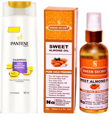 

PANTENE 180 ML DAILY MOISTURE RENEWAL SHAMPOO with SHEER SECRET COLD PRESSED SWEET ALMOND OIL 100ML(Set of 2)