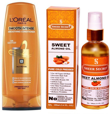 

L'Oreal SMOOTH INTENSE CONDITIONER 175 ML with SHEER SECRET COLD PRESSED SWEET ALMOND OIL 100ML(Set of 2)