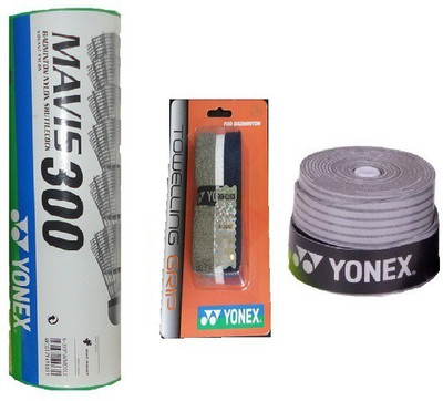 

Yonex Combo of two- One 'Mavis 300' Nylon Shuttle cock (Pack of 6) and Two Badminton Grip Badminton Kit