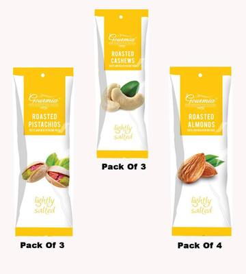 

Gourmia Lightly Salted Roasted Pistachios(3 Pkts)+ Lightly Salted Roasted Almonds(4Pkts) +Lightly Salted Roasted Cashews (3Pkts) 40g(Pack of 10)(400 g, Box)