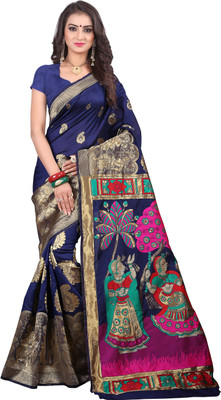 Aksh Fashion Embellished Paithani Art Silk, Poly Silk Saree(Dark Blue)
