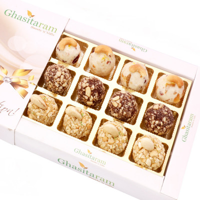 

Ghasitaram Gifts Assorted Roasted Laddoos in White Box(350 g, Box)