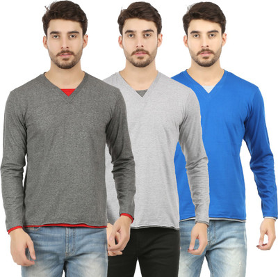 CHECKERSBAY Solid Men V Neck Blue, Grey T-Shirt