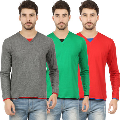 CHECKERSBAY Solid Men V Neck Red, Green, Grey T-Shirt