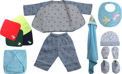 

ANNAPURNA SALES 100% Pure Soft Cotton New Born Baby Gift Set Combo Pack of 11 Pcs. – ( 0 - 6 Months ) !! Skin Friendly n Premium Quality !!(Blue)