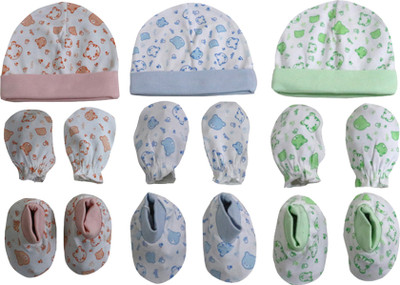 

ANNAPURNA SALES 100% Pure Soft Cotton New Born Baby Booties Mittens Cap Combo Pack of 6 Pair & 3 Pc - ( 0-6 Months ) !! Premium Quality !!(Multicolor)