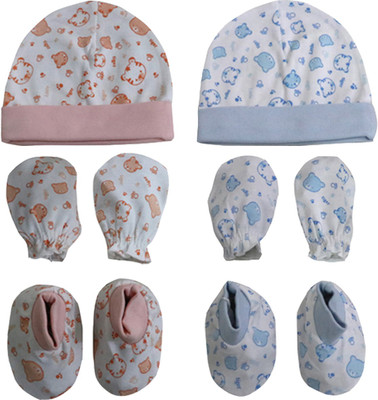 

ANNAPURNA SALES 100% Pure Soft Cotton New Born Baby Booties Mittens Cap Combo Pack of 4 Pair & 2 Pc - ( 0-6 Months ) !! Premium Quality !!(Peach, Blue)