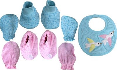 

ANNAPURNA SALES 100% Pure Soft Cotton New Born Baby Booties Mittens and bib Combo Pack of 4 Pair & 1 Pc. - ( 0-6 Months ) !! Premium Quality !!(Blue, Pink)