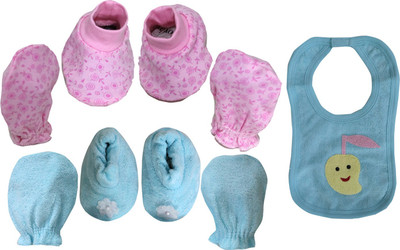 

ANNAPURNA SALES 100% Pure Soft Cotton New Born Baby Booties Mittens and bib Combo Pack of 4 Pair & 1 Pc. - ( 0-6 Months ) !! Premium Quality !!(Pink, Blue)