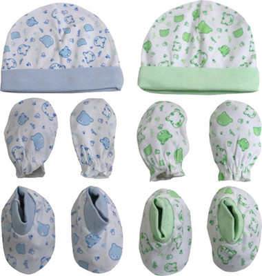

ANNAPURNA SALES 100% Pure Soft Cotton New Born Baby Booties Mittens Cap Combo Pack of 4 Pair & 2 Pc - ( 0-6 Months ) !! Premium Quality !!(Blue, Green)