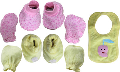

ANNAPURNA SALES 100% Pure Soft Cotton New Born Baby Booties Mittens and bib Combo Pack of 4 Pair & 1 Pc. - ( 0-6 Months ) !! Premium Quality !!(Pink, Yellow)