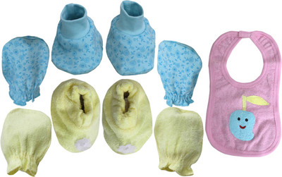 

ANNAPURNA SALES 100% Pure Soft Cotton New Born Baby Booties Mittens and bib Combo Pack of 4 Pair & 1 Pc. - ( 0-6 Months ) !! Premium Quality !!(Multicolor)
