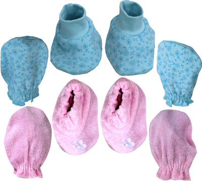 

ANNAPURNA SALES 100% Pure Soft Cotton New Born Baby Booties Mittens Combo Pack of 4 Pair - ( 0-6 Months ) !! Skin Friendly n Premium Quality !!(Blue, Pink)