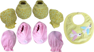 

ANNAPURNA SALES 100% Pure Soft Cotton New Born Baby Booties Mittens and bib Combo Pack of 4 Pair & 1 Pc. - ( 0-6 Months ) !! Premium Quality !!(Yellow, Pink)