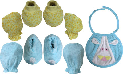 

ANNAPURNA SALES 100% Pure Soft Cotton New Born Baby Booties Mittens and bib Combo Pack of 4 Pair & 1 Pc. - ( 0-6 Months ) !! Premium Quality !!(Yellow, Blue)