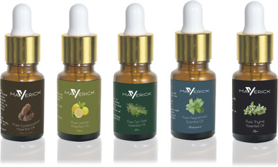 

Maverick Pure Cedarwood, Thyme, Peppermint, Lemon & Tea Tree essential oil 5 in 1 pack with dropper(10 ml)