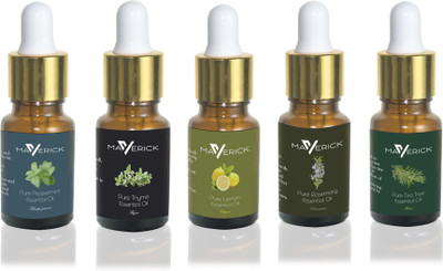 Maverick Pure Rosemary, Thyme, Peppermint, Lemon & Tea Tree essential oil 5 in 1 pack with dropper(10 ml)
