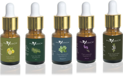 

Maverick Pure Lavender, Rosemary, Peppermint, Tea Tree & Lemon essential oil 5 in 1 pack with dropper(10 ml)