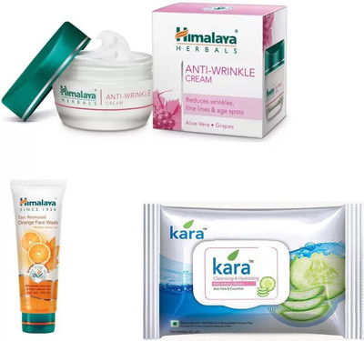 

Himalaya anti wrinkle cream, tan removal orange face wash, kara cleansing and hydrating refreshing wipes(Set of 3)