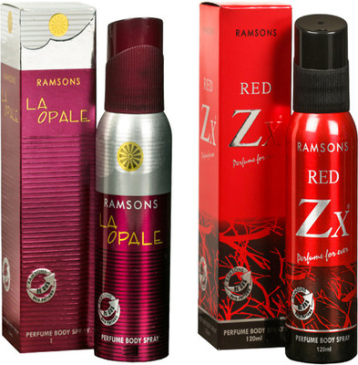 

RAMSONS RED ZX PERFUME BODY SPRAY 120 ML+LA OPALE PERFUME BODY SPRAY 120 ML Deodorant Spray - For Men & Women(120 ml, Pack of 2)