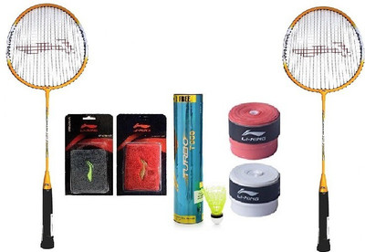 

Li-Ning Combo of Seven- Two Smash 'XP 710' badminton rackets , two wrist bands ,two grips and one 'T 900' shuttle cock box ( pack of 6+1 shuttle cock) (Color On Availability) - Badminton Kit