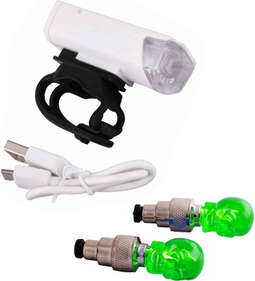 

Asraw Bicycle USB Rechargeable 300 Lumens LED Front Light and SKULL Shaped Motion Sensor Valve Cap Light LED Front Rear Light Combo(Multicolor)